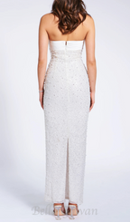 Flowering Girl Women WHITE SATIN SEQUIN PEARLS BEADED MAXI DRESS