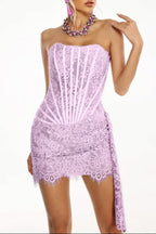Kellie Strapless Lace Appliques Mini Dress In Light Purple