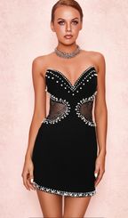 Flowering Girl Women Symmetrical tulle pearl embellished mini dress in black