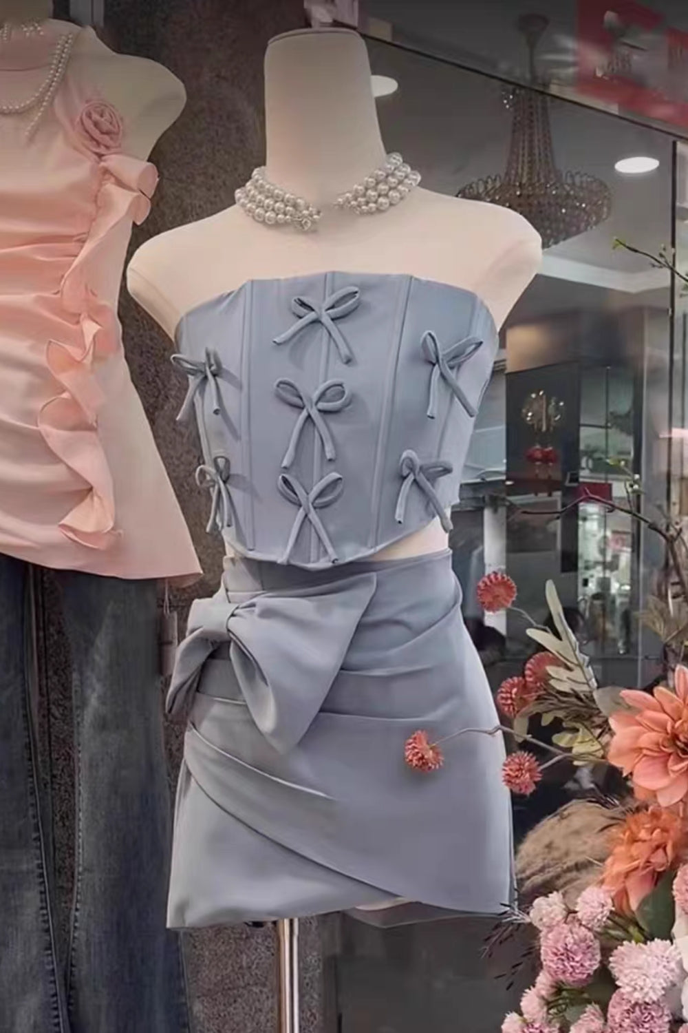 Bow Embellished Two-Piece Set In Blue