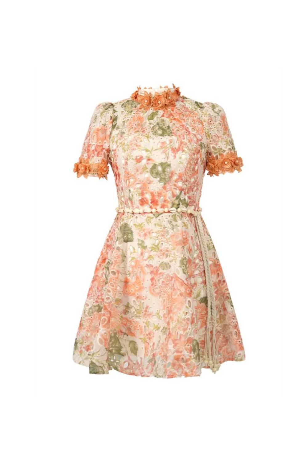 Flowering Girl Women Embroidered hollow floral puff sleeves mini dress