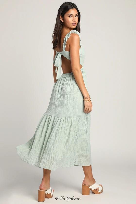 Flowering Girl Women Mint Smocked Tie-Back Tiered Midi Dress
