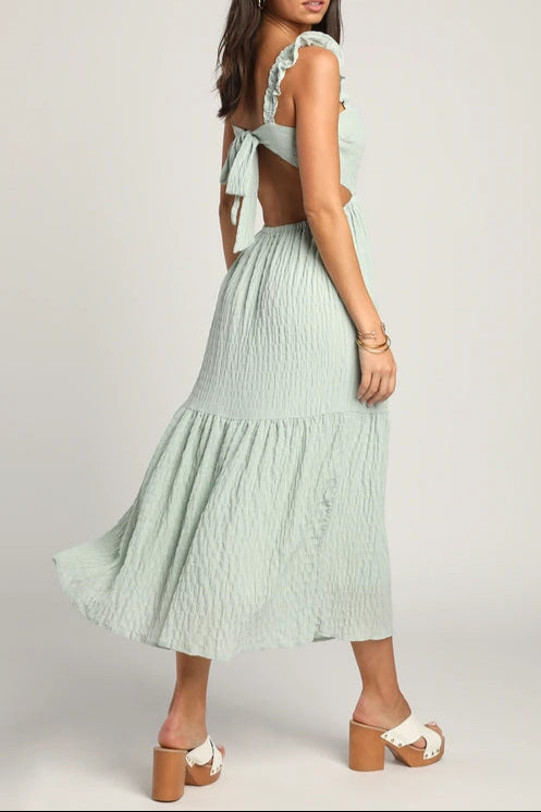 Mint Smocked Tie-Back Tiered Midi Dress