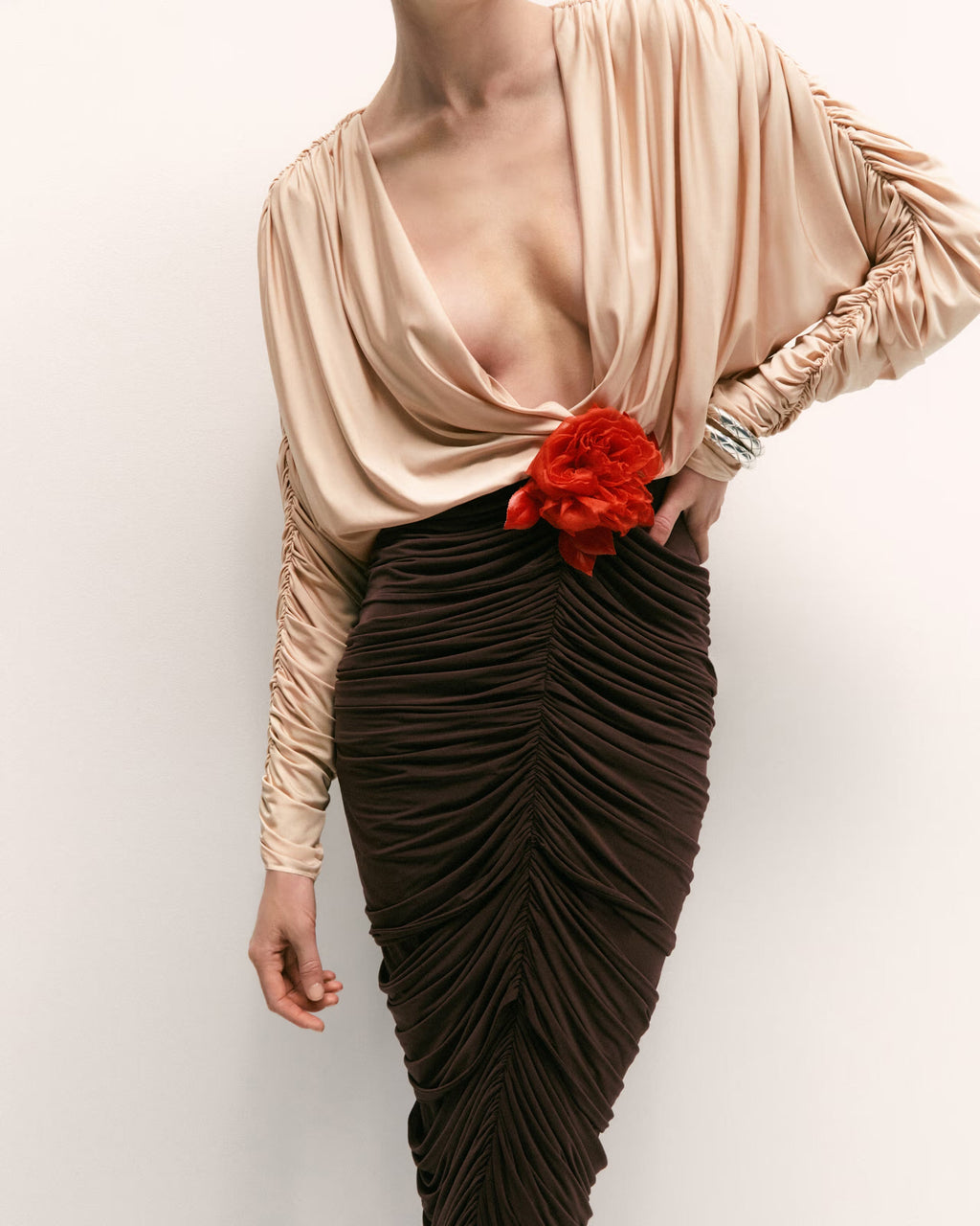 Flowering Girl Women Long Sleeve Two-Tone pleated Midi Dress in Brown
