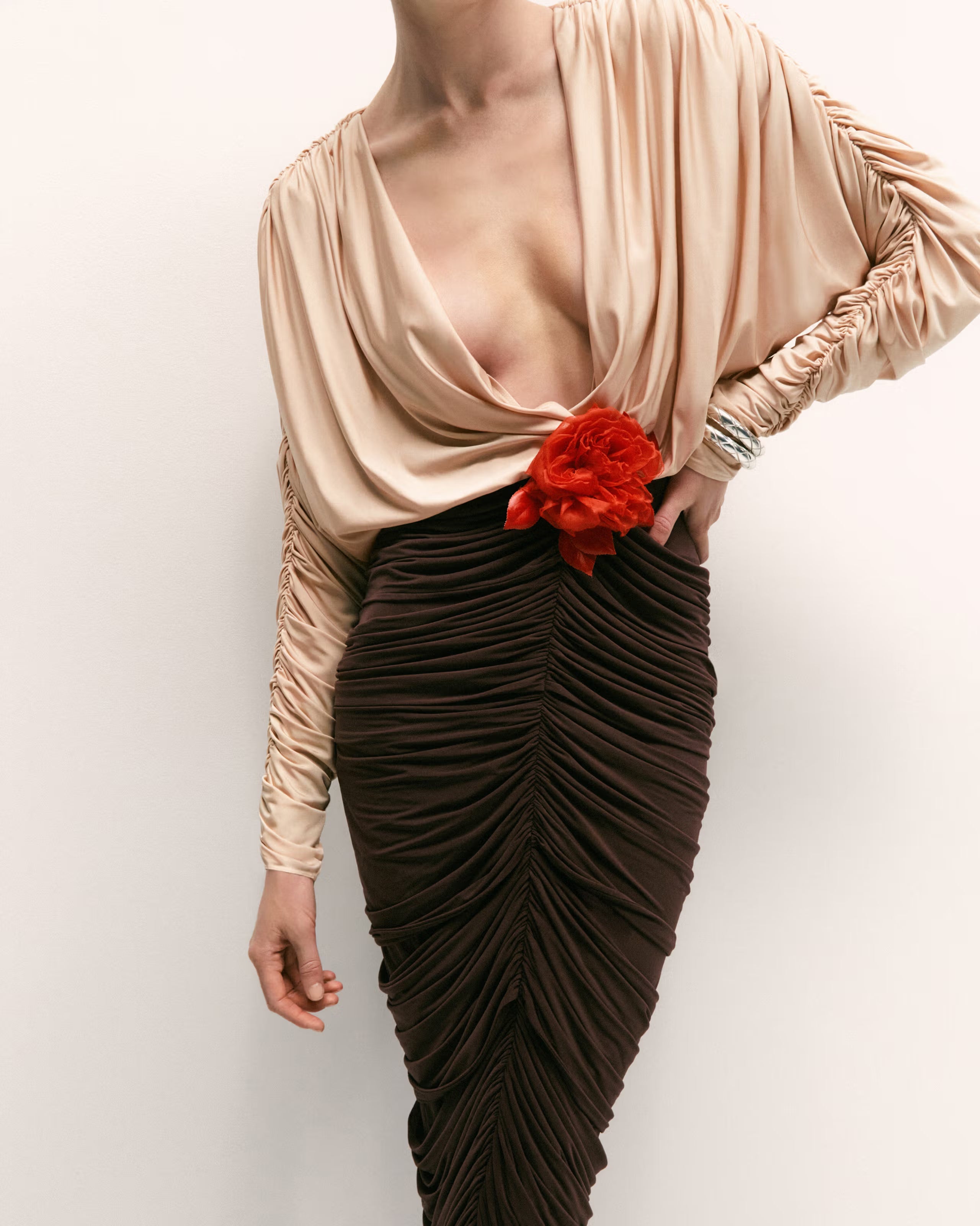 Flowering Girl Women Long Sleeve Two-Tone pleated Midi Dress in Brown