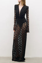 Gwendolyn v Neck Hollow Long Sleeve Lace Maxi Dress  In Black