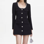 viola black Square Neck Rhinestone Pleated Mini Dress