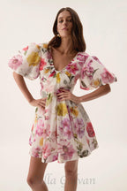 Flowering Girl Women vanessa puff sleeve collage fleur mini dress