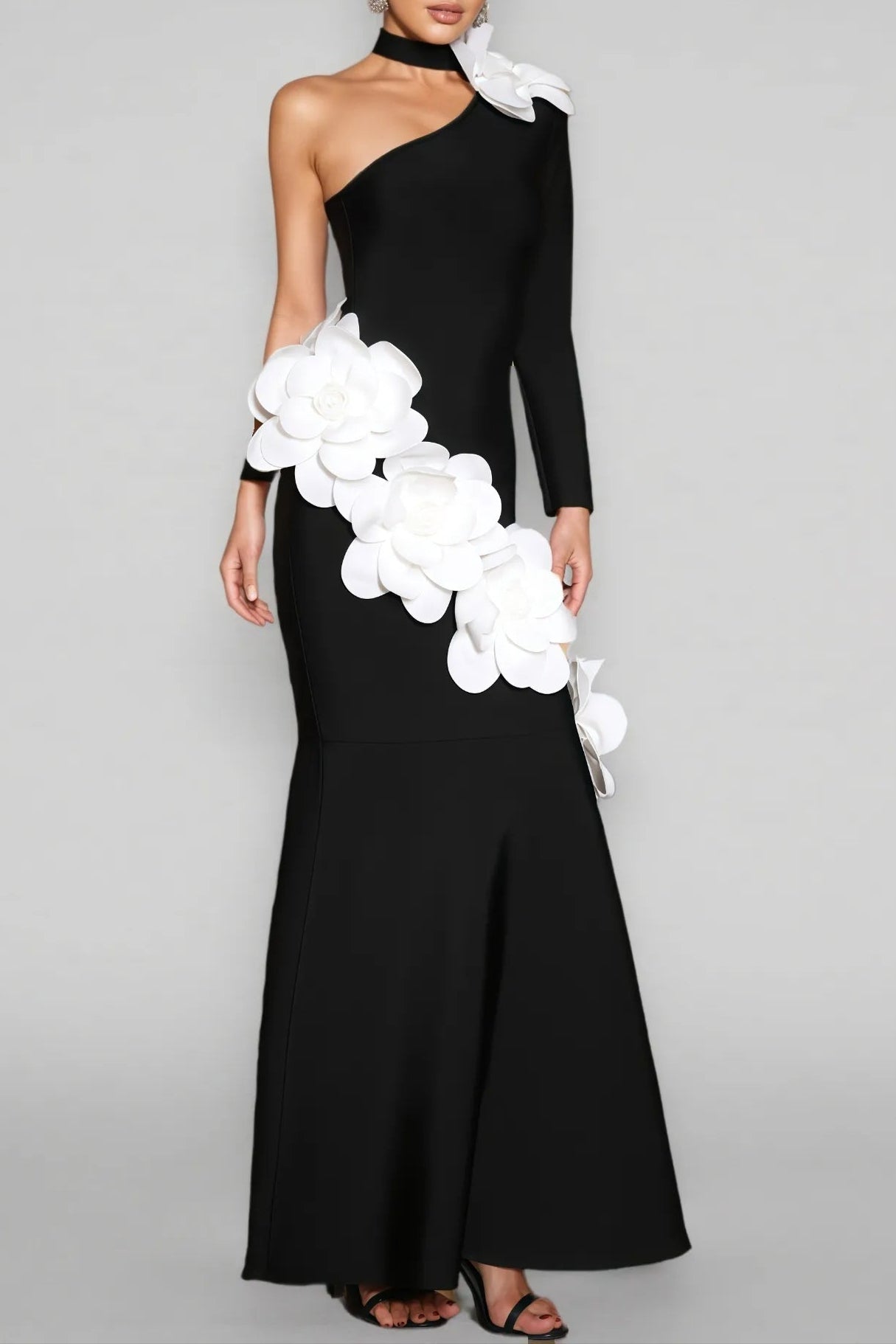 Flowering Girl Women Gemma One Shoulder 3D Flower Bandage Maxi Dress In Black