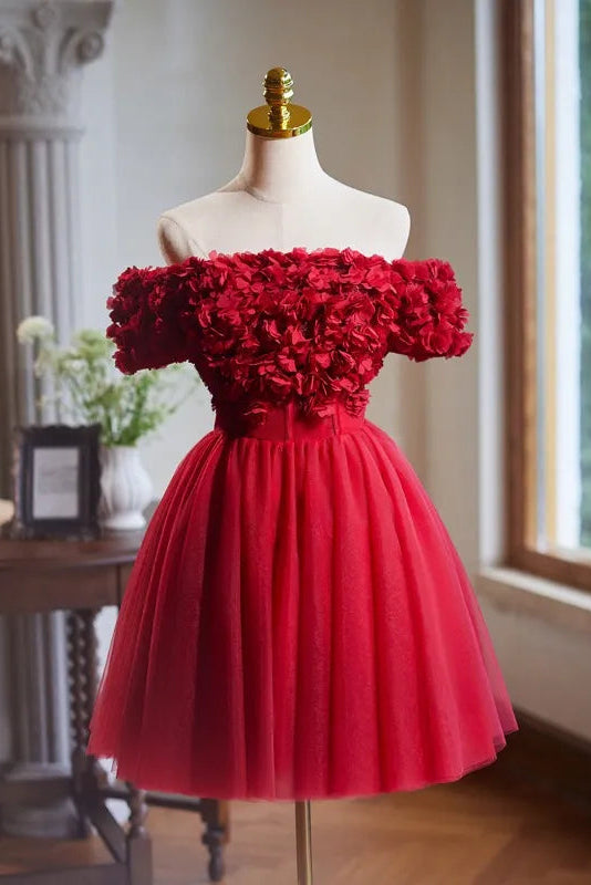 Caroline Red 3d Appliques Mini Prom Dress