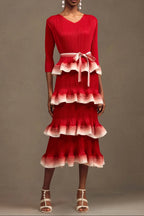 victoria Pleated Round Neck Long Sleeve Falbala Woven Maxi Dress in red