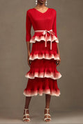 Flowering Girl Women Victoria Pleated Round Neck Long Sleeve Falbala Woven Maxi Dress In Red