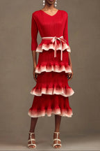 Flowering Girl Women Victoria Pleated Round Neck Long Sleeve Falbala Woven Maxi Dress In Red