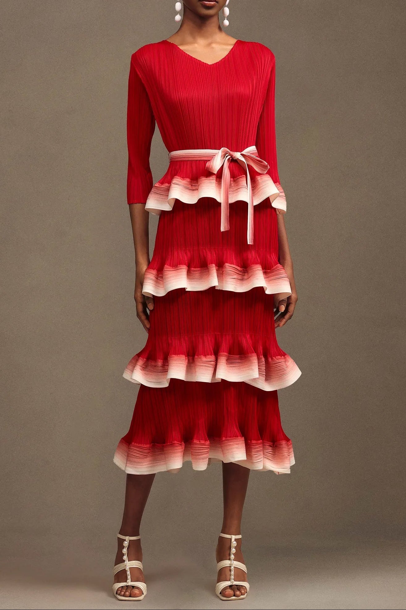 Flowering Girl Women Victoria Pleated Round Neck Long Sleeve Falbala Woven Maxi Dress In Red