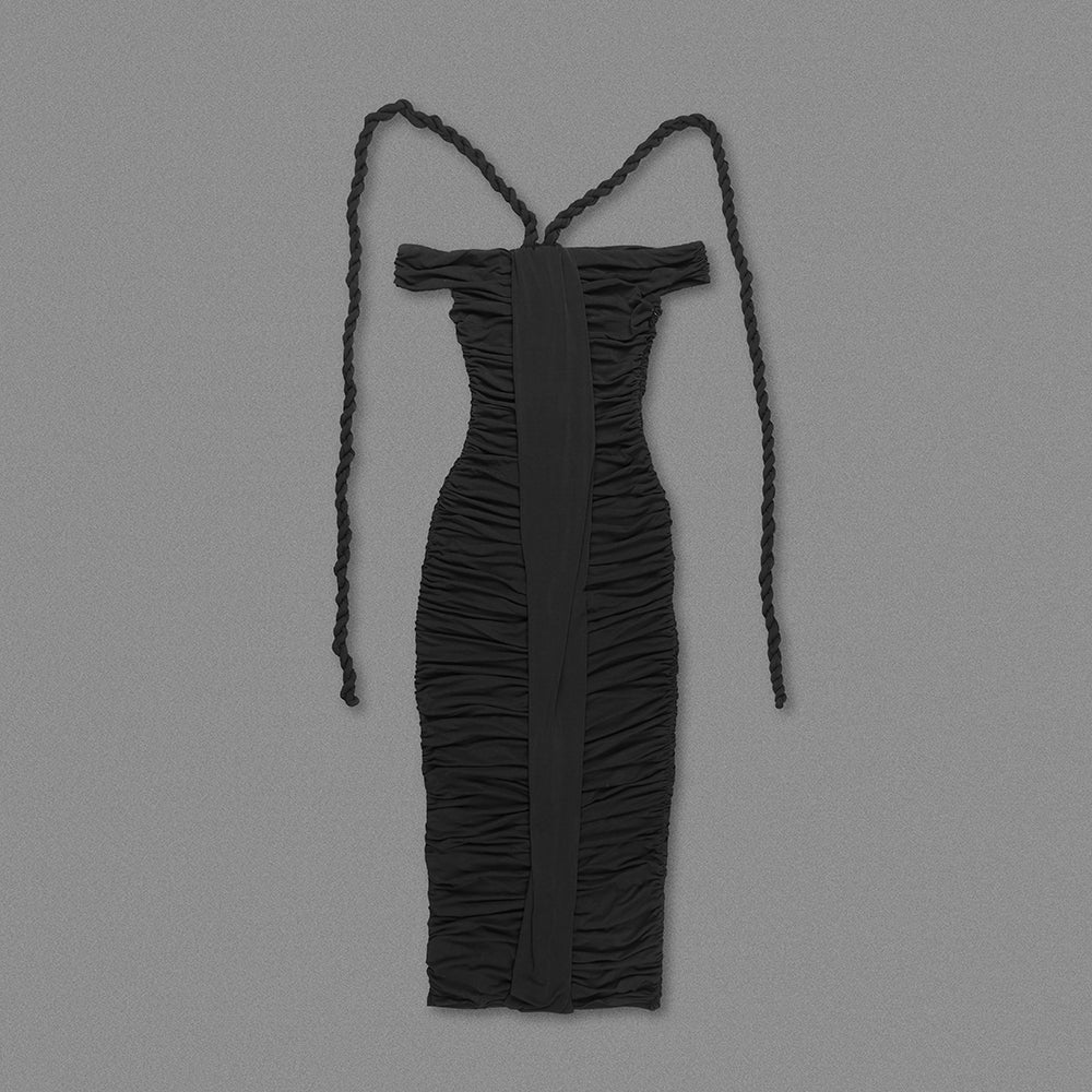 Flowering Girl Women cara black off-shoulder ruched bodycon maxi dress with rope embellished