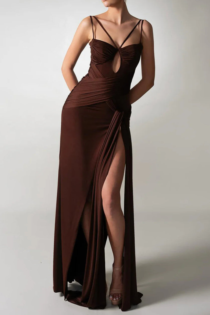 Flowering Girl Women Pleated Strappy Draped Slit Maxi Dress In Brown