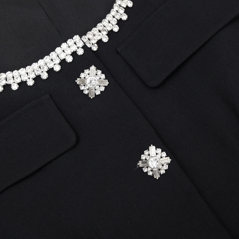 Viola Black Square Neck Rhinestone Pleated Mini Dress