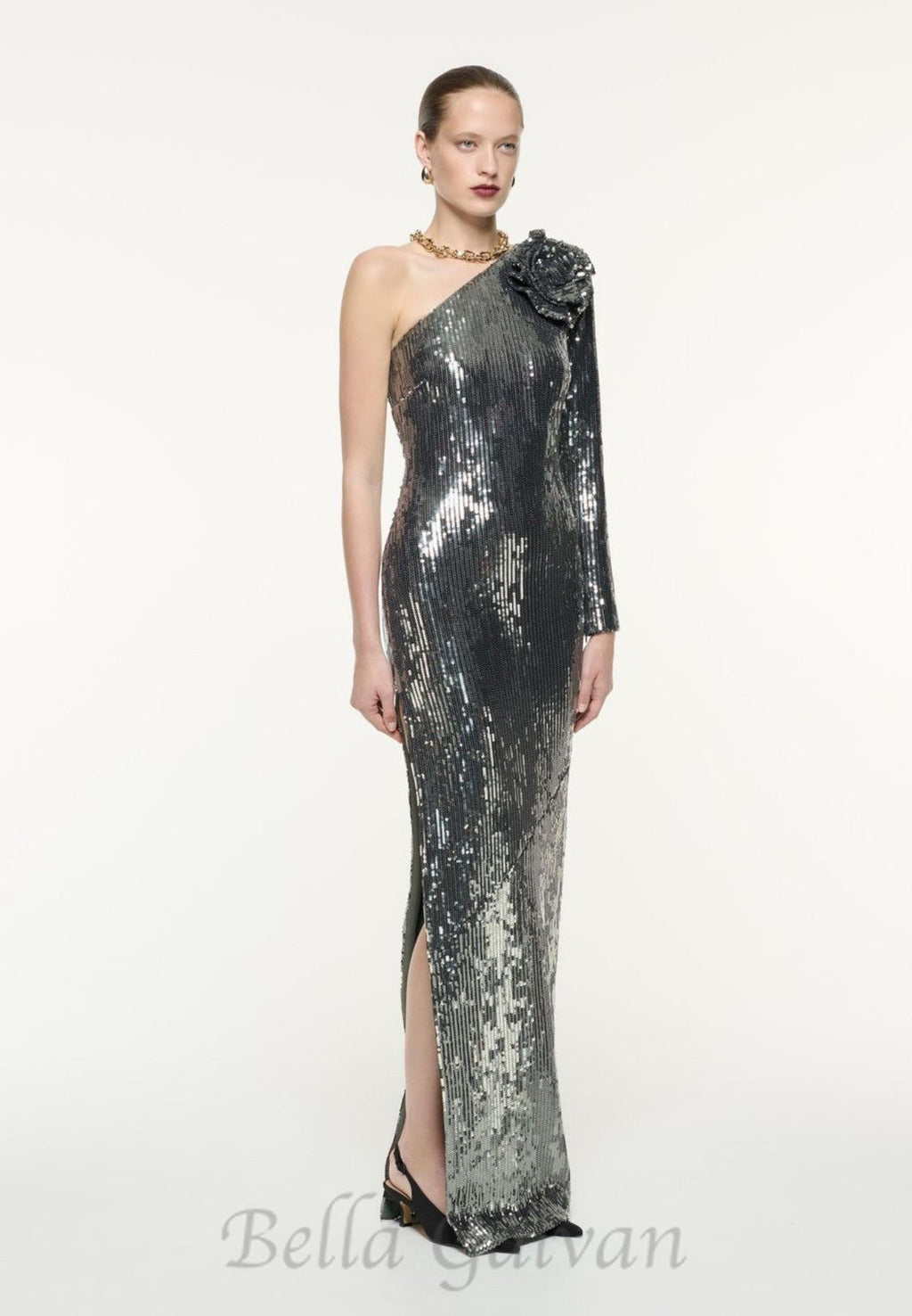 Flowering Girl Women Floral-appliqué sequin gown in silver