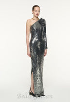 Flowering Girl Women Floral-appliqué sequin gown in silver