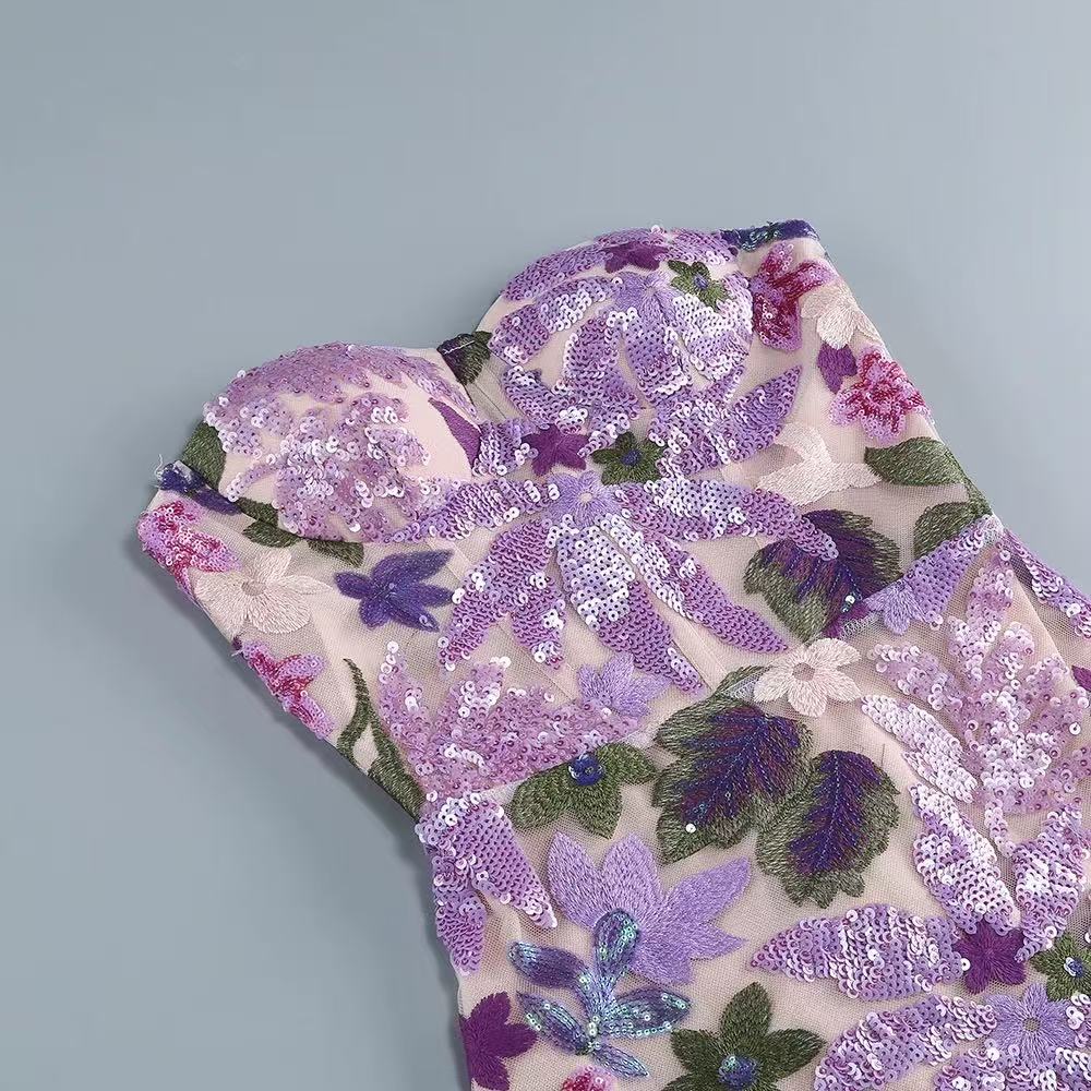 Flowering Girl Women Elara Floral Sequin Embroidered Strapless Maxi Dress - Purple
