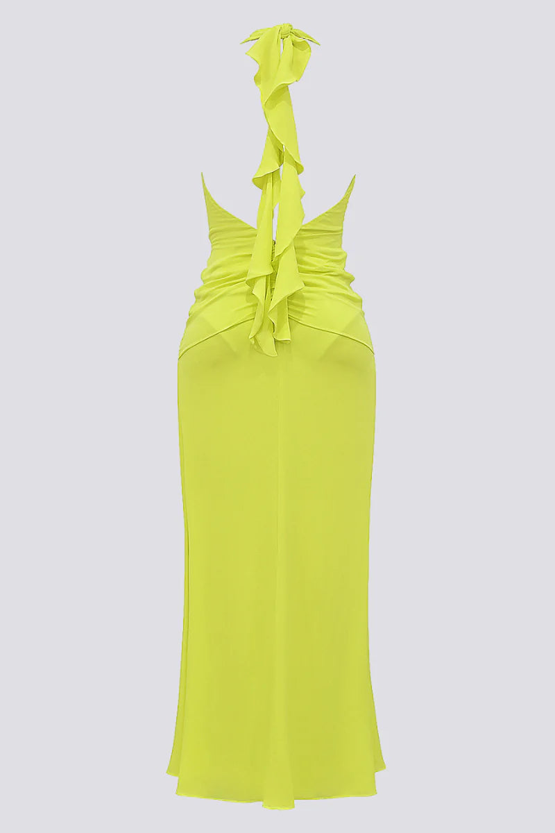 Flowering Girl Women maéva halter neck slit plunge neck maxi dress in green