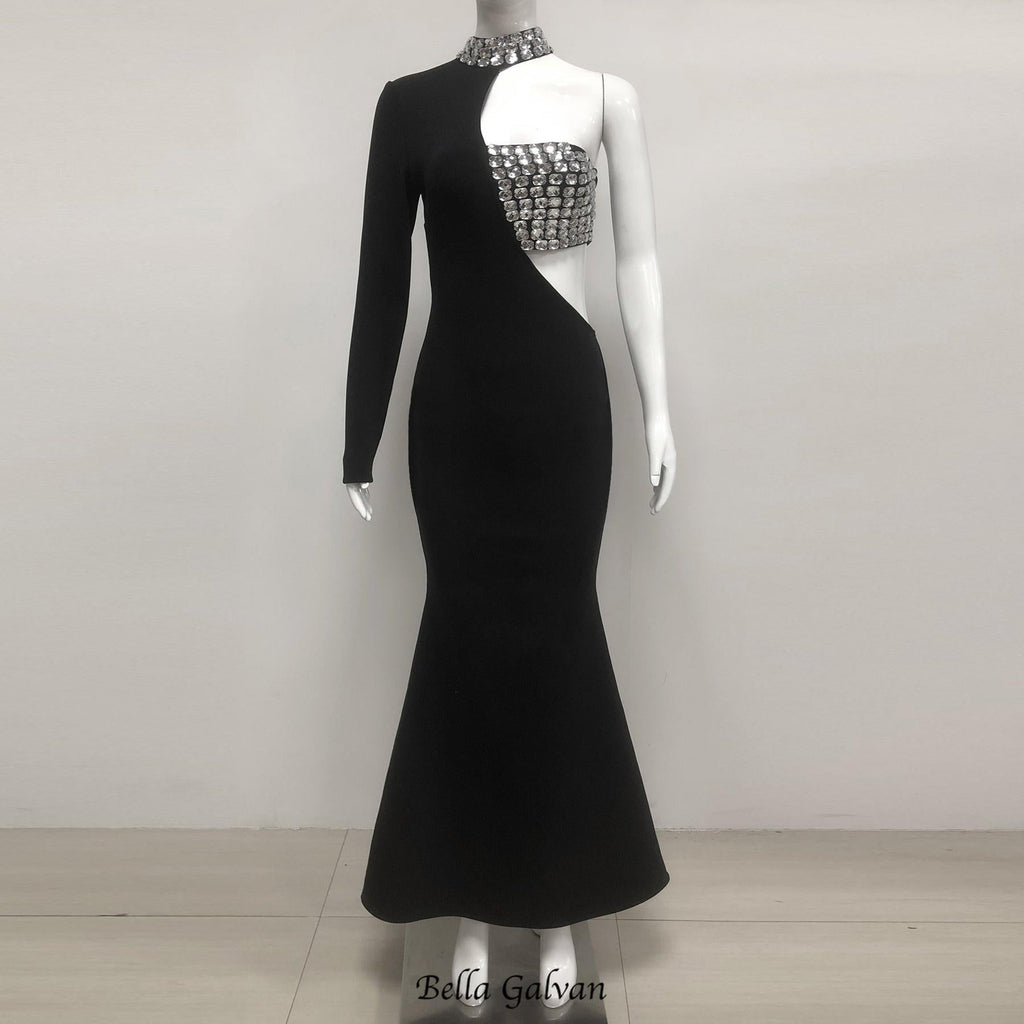 Flowering Girl Women crystal embellished One-Sleeve Cut-Out Maxi Dress in black