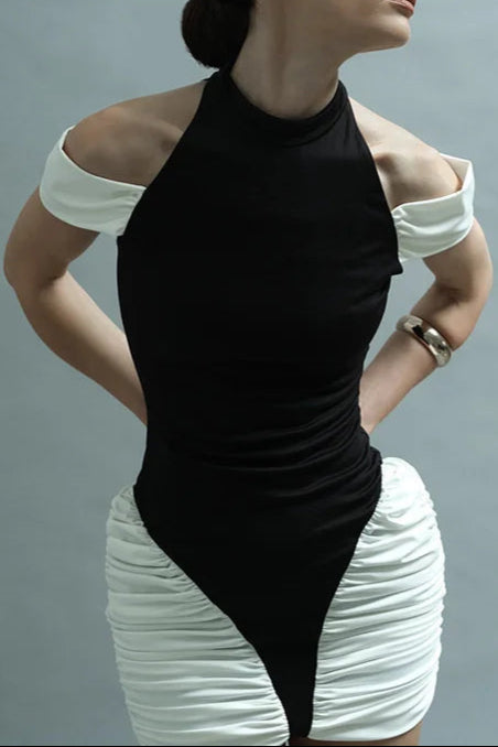 Flowering Girl Women Black-White Panel Sleeveless Gathered Halter Mini Dress