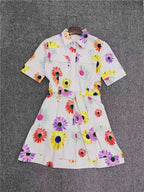 White Multicolor Daisy Print Shirt Dress with Belt