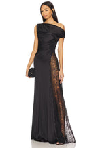 sara black Asymmetrical pleated maxi dress with side slit lace trim