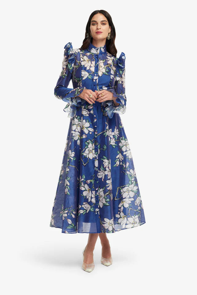 Flowering Girl Women Floral Print Butterfly Sleeve Maxi Dress - Midnight Blue