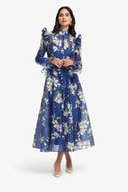 Flowering Girl Women Floral Print Butterfly Sleeve Maxi Dress - Midnight Blue