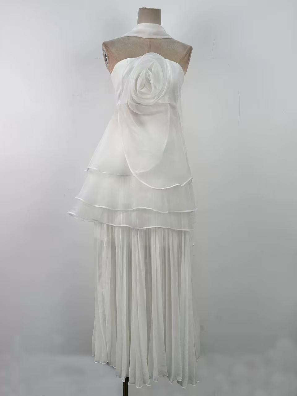 White Strapless Rose Applique Tiered Pleated Maxi Dress