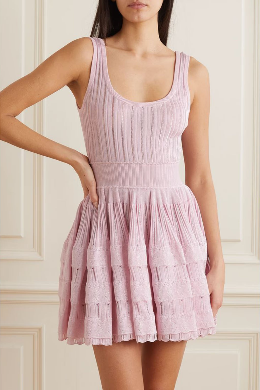 ribbed pointelle knit mini dress in pink