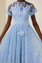 Flowering Girl Women selena Lace Butterfly Pleated Midi Dress - blue