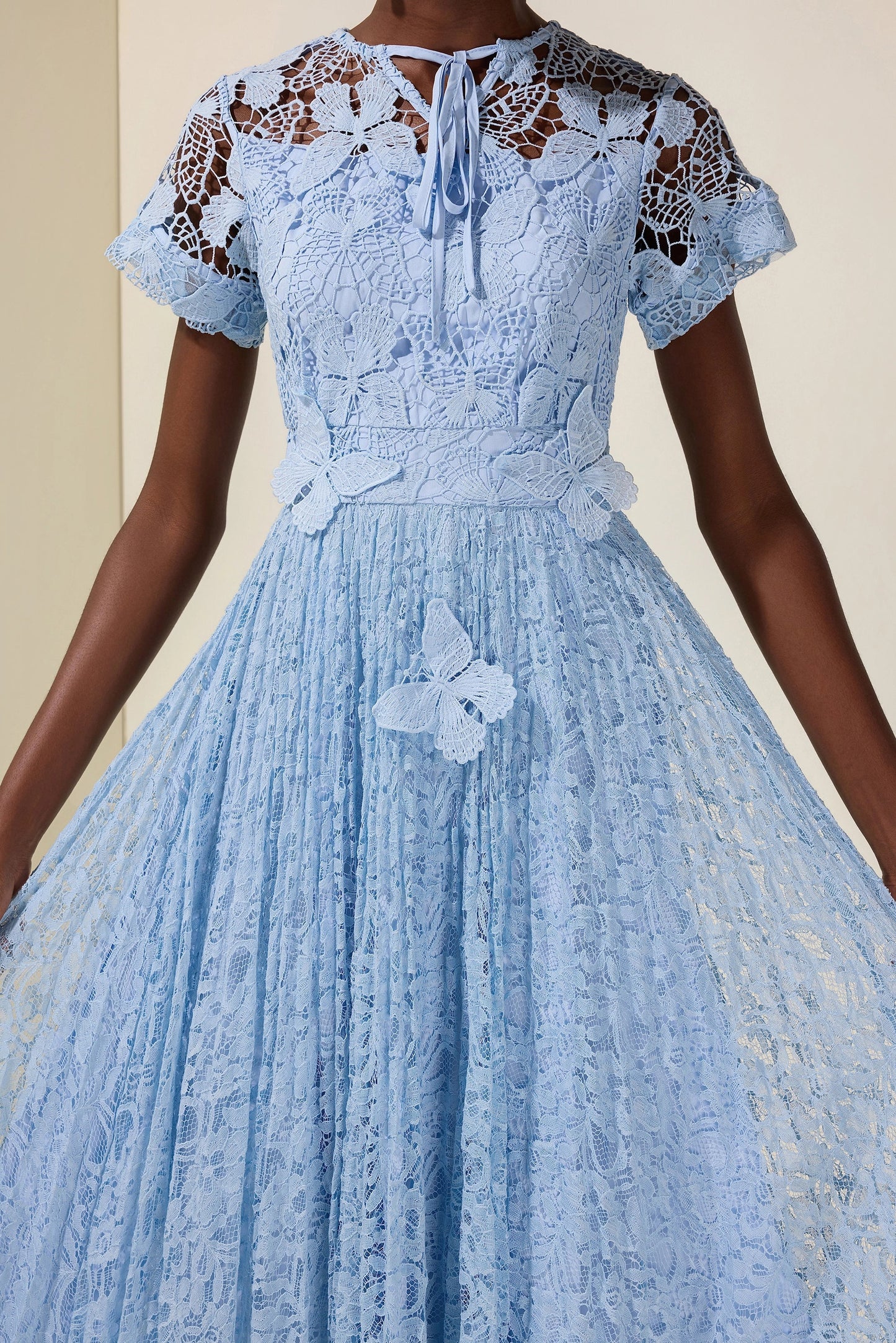 selena Lace Butterfly Pleated Midi Dress - blue