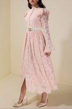 alma Chiffon Embroidered Single Breasted Midi Dress With Belt - pink