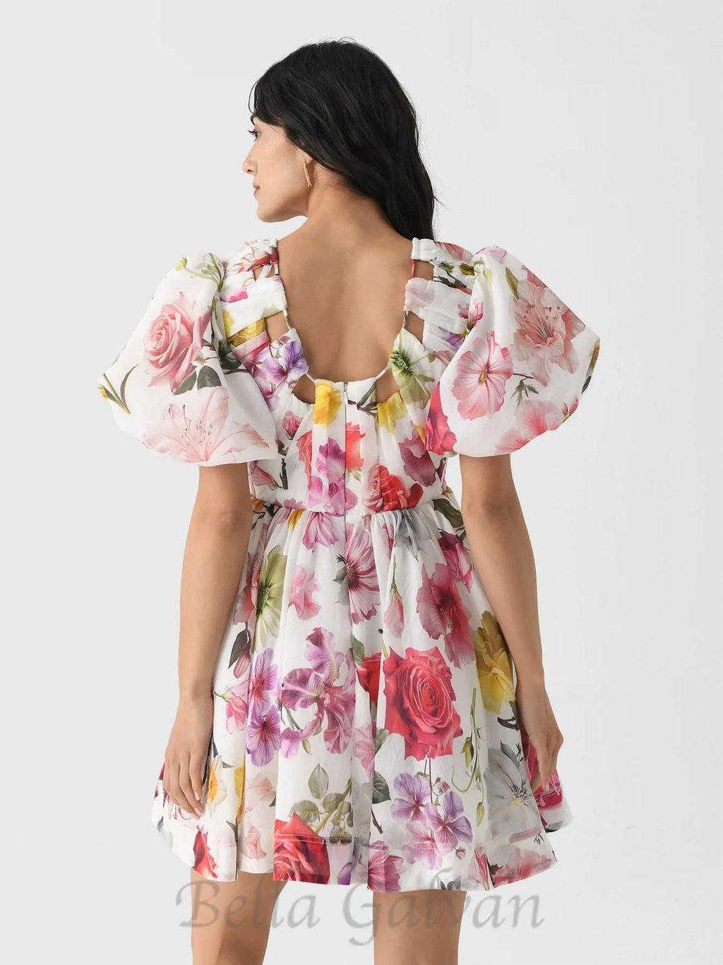 Flowering Girl Women vanessa puff sleeve collage fleur mini dress