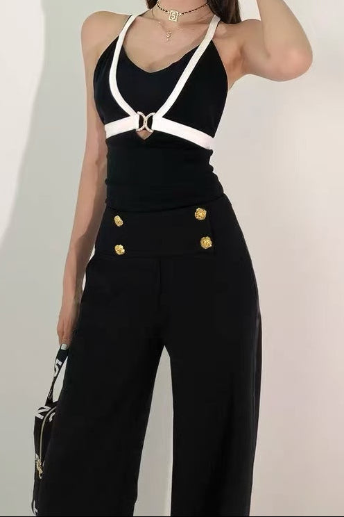 Flowering Girl Women Black & White Halter Top With High-Waisted Wide-Leg Pants