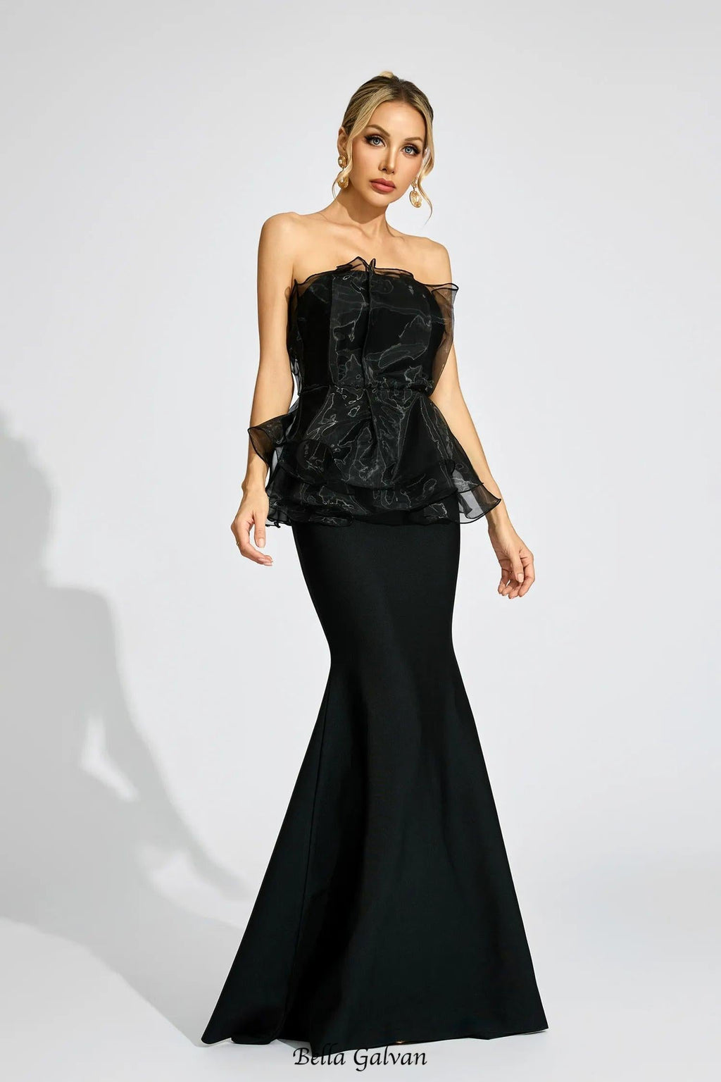 lorraine Black Peplum strapless maxi Dress