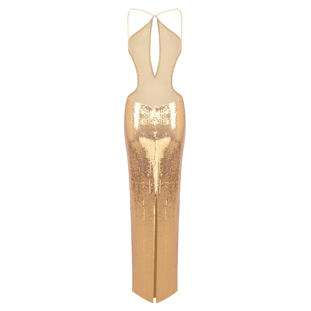 Flowering Girl Women sequin hollow bodycon maxi dress in gold