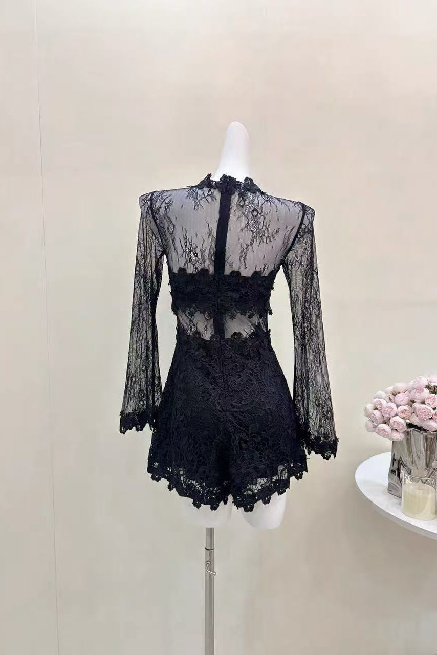 Sheer Lace Long Sleeve Skort Romper