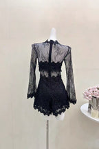 Sheer Lace Long Sleeve Skort Romper