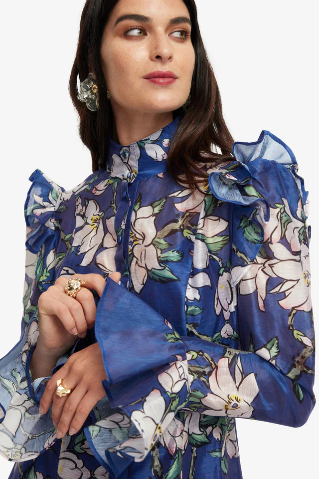 Flowering Girl Women Floral Print Butterfly Sleeve Maxi Dress - Midnight Blue