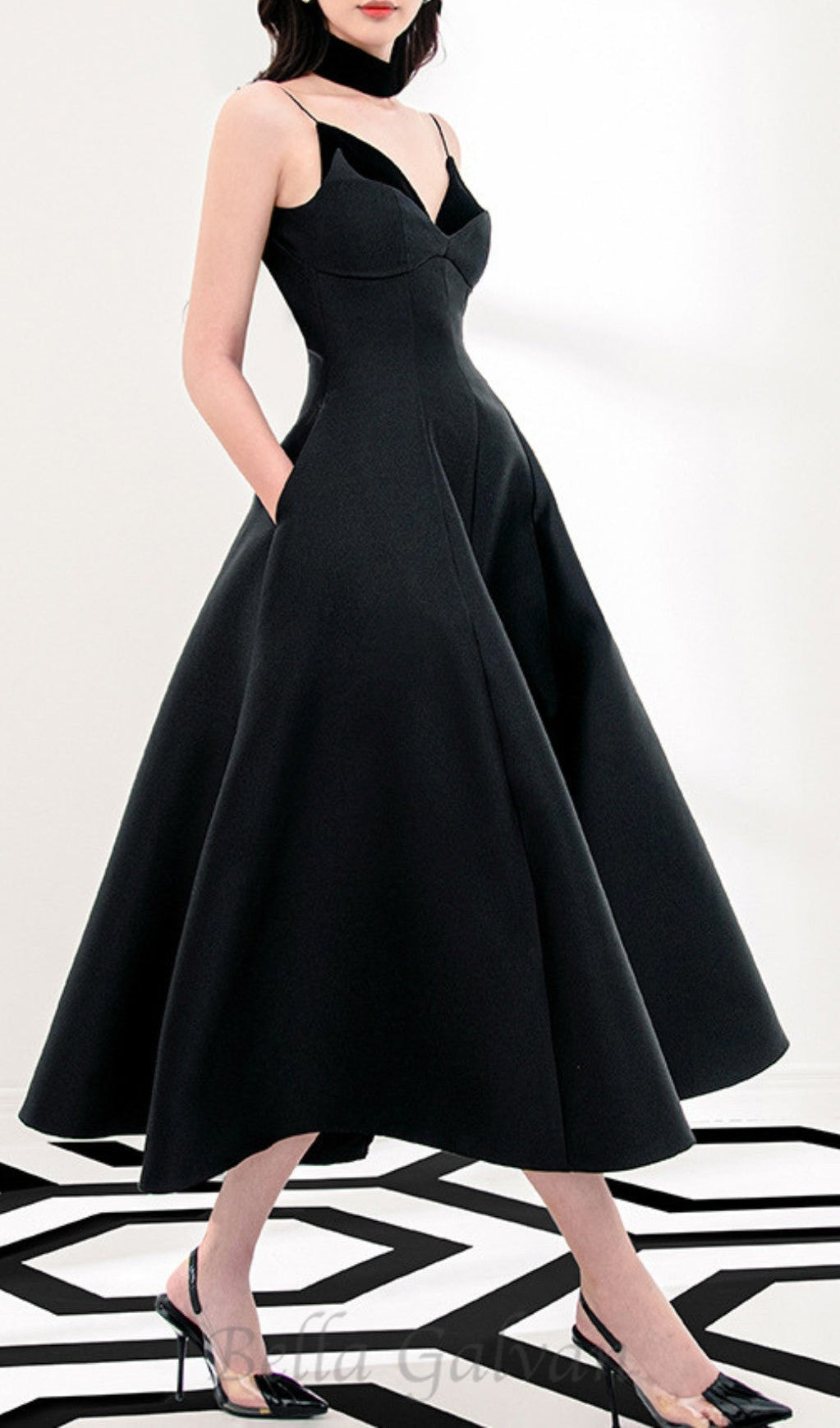 Flowering Girl Women patchwork midi dress in black