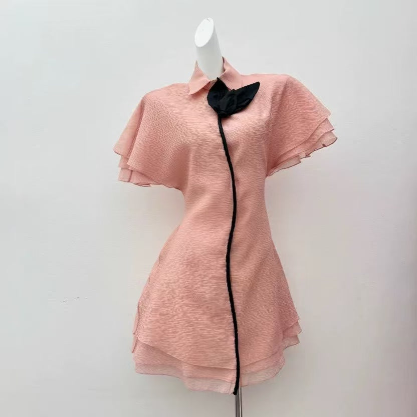 Flowering Girl Women Layer Trim Chiffon Shirt Mini Dress In Pink