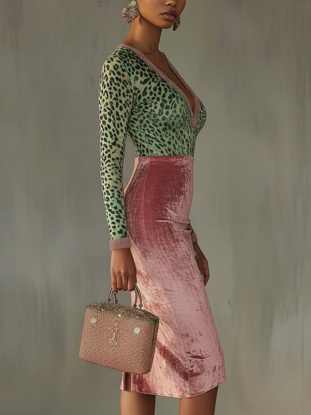 Flowering Girl Women Pink Velvet Bodycon Dress With Patchwork Webbing And Leopard Print