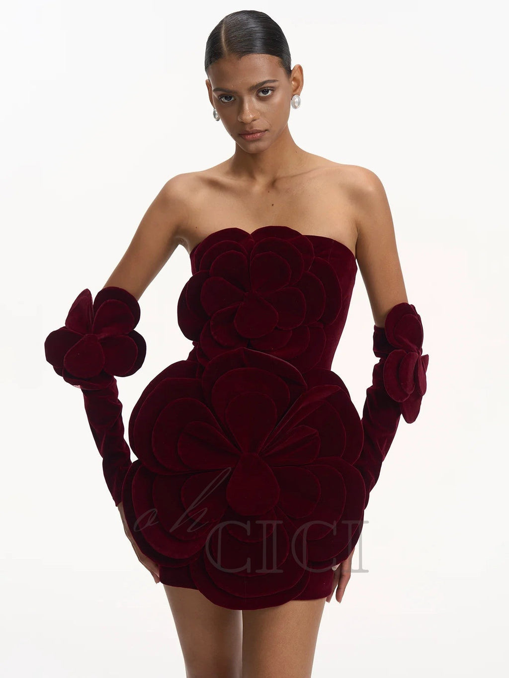 Flowering Girl Women Flower-embellished Velvet Mini Dress in burgundy