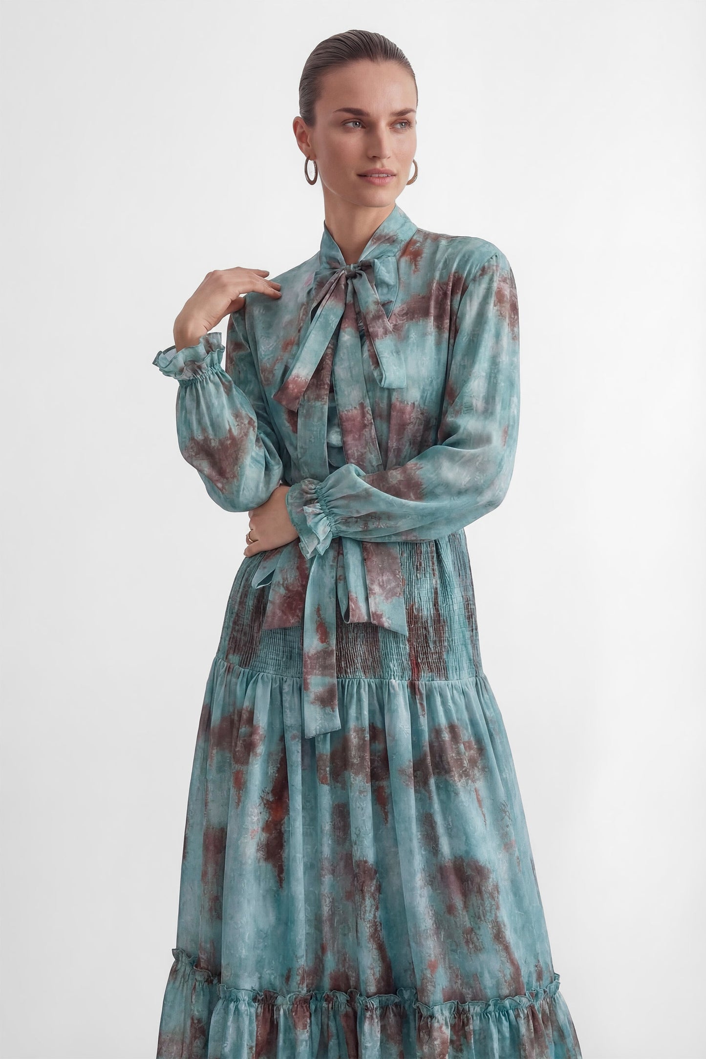 kristin Teal Printed Tiered Ruffle Maxi Dress - green