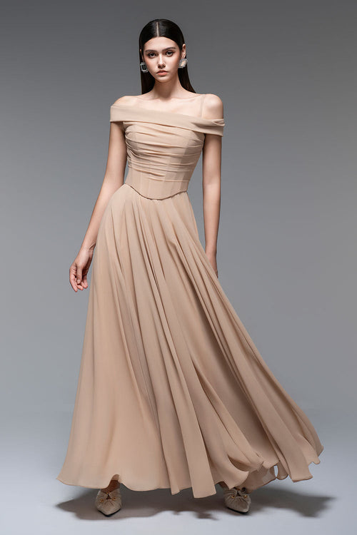 Flowering Girl Women A-Line Draped Chiffon Maxi Dress In Nude