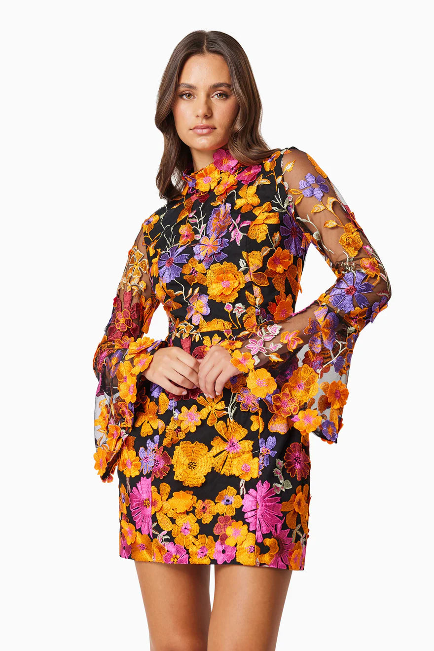 Flowering Girl Women Multi Orange Flower Embroidered Long Sleeves Mini Dress